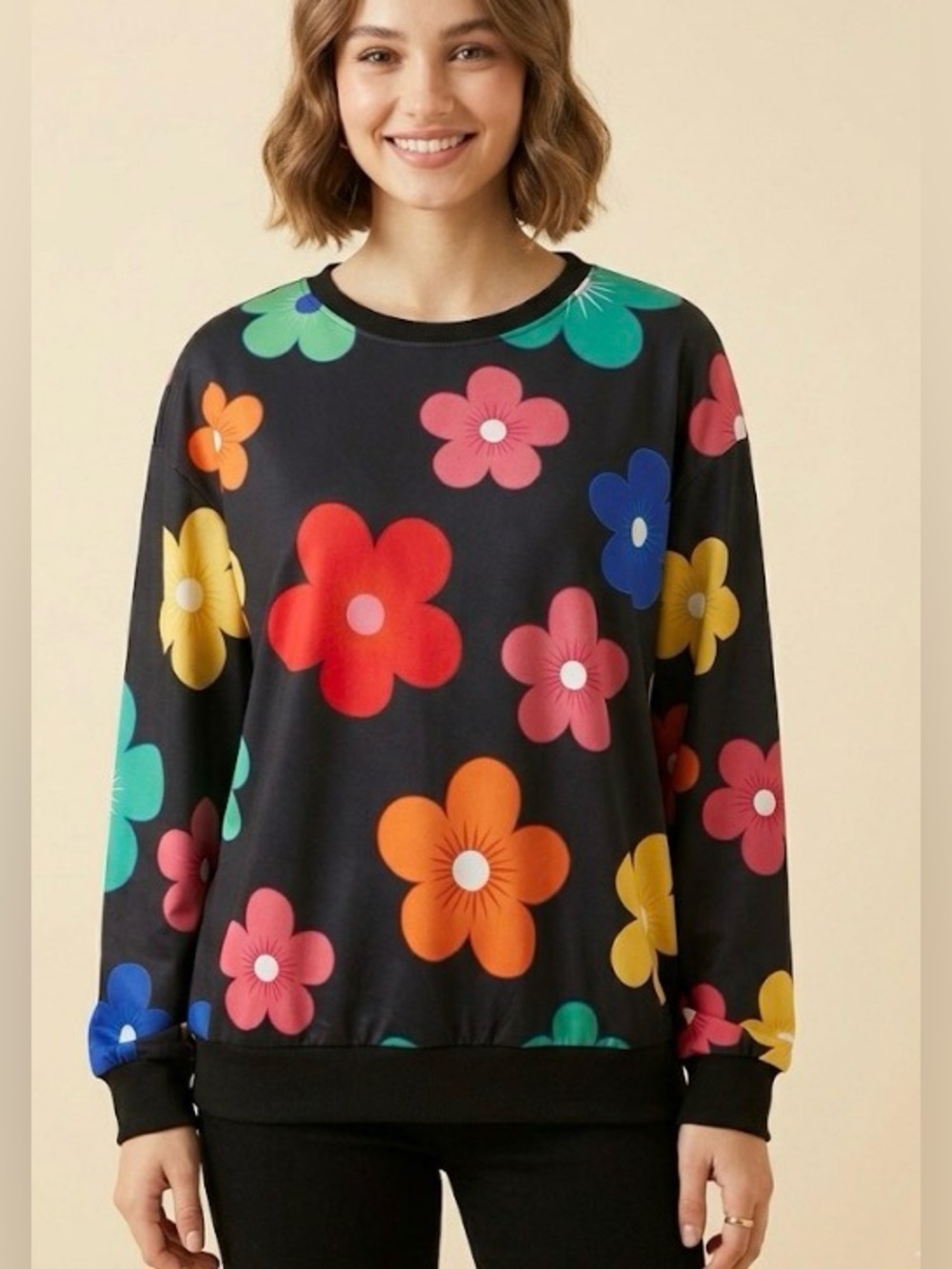 Beautiful black lightweight sweatshirt with colorful flowers size large